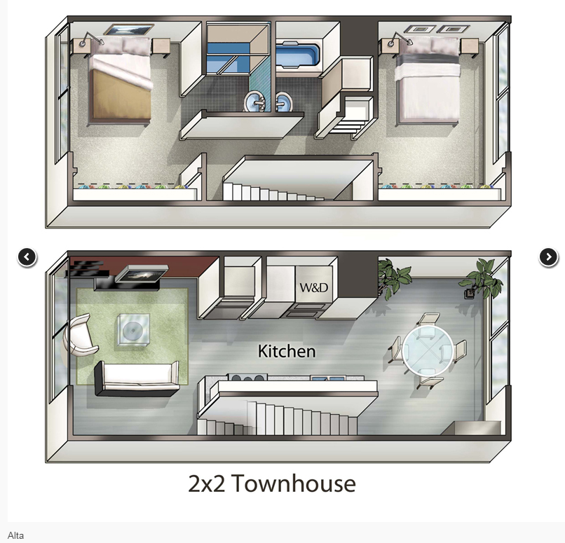 Floor plan for 2 beds, 2 baths, 937 sqft